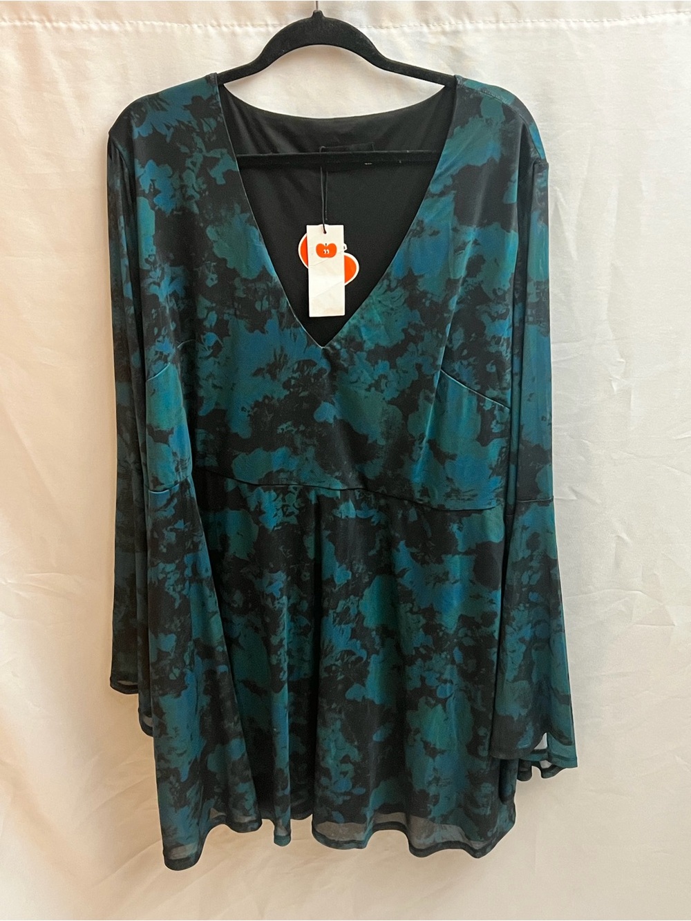 Cider Plus 4XL Teal Black Floral Mesh V-Neck Bell Sleeve Mini Dress NWT